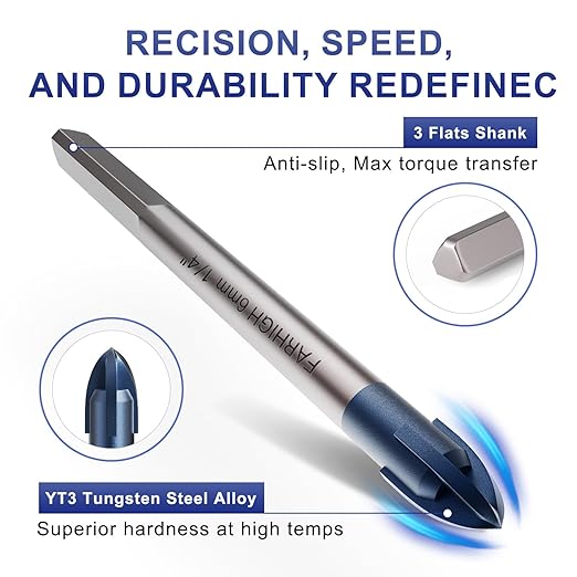 Glass and Tile Drill Bit Set, Ti & Tungsten Carbide Tipped Drill Bit, 6mm (1/4 Inch), 10 Pack, for Glass, Tile, Ceramic, Porcelain, Concrete