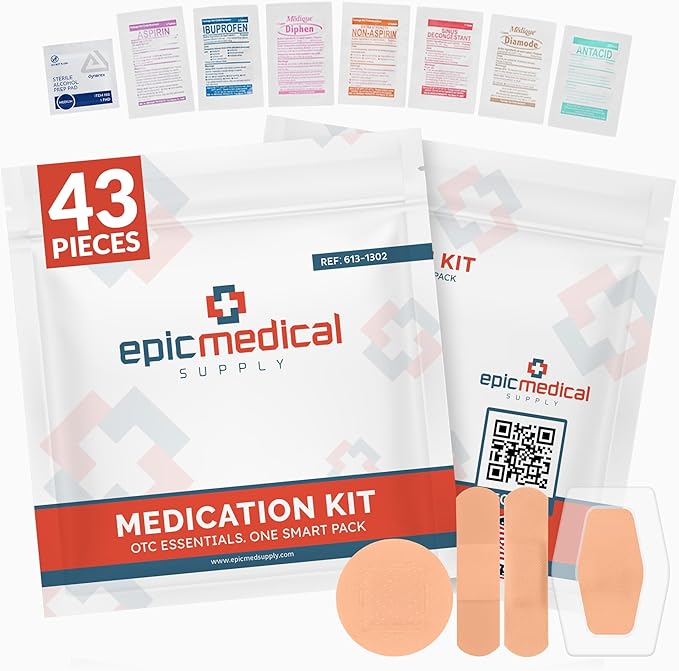 First Aid Kit Medication Refill – 43-Count Unit Dose Packets - Alcohol Pads & Bandages – Emergency Medicine Kit Pills - 1st Aid Kit Refill, Travel, Camping – Assembled in USA