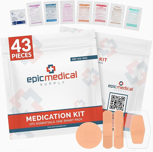 First Aid Kit Medication Refill – 43-Count Unit Dose Packets - Alcohol Pads & Bandages – Emergency Medicine Kit Pills - 1st Aid Kit Refill, Travel, Camping – Assembled in USA