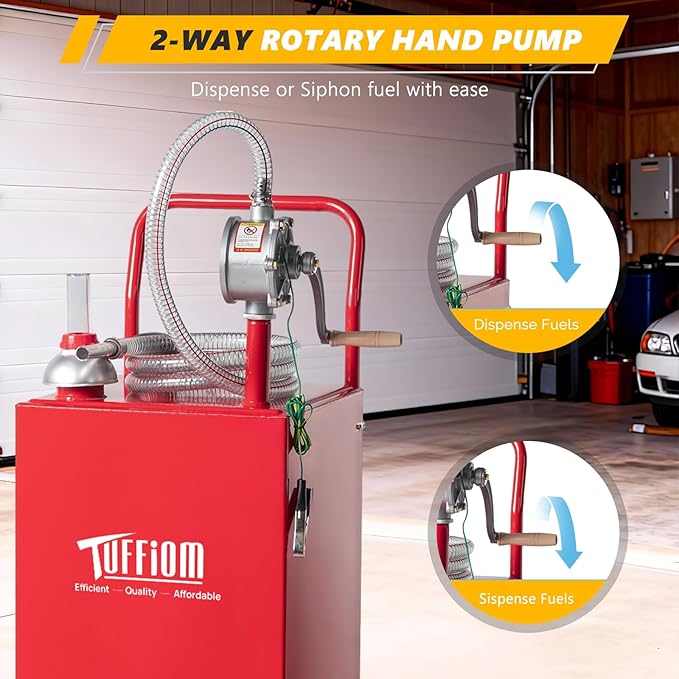 TUFFIOM 30 Gallon Portable Gas Caddy w/Swivel Wheels,Fuel Storage Tank, Gasoline Diesel Can with Fuel Transfer Rotary Hand Siphon Pump for Automobile ATV Car Mower Tractor Boat Motorcycle