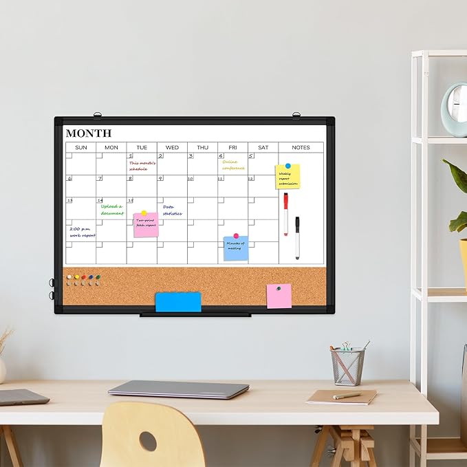 Monthly Calendar Whiteboard Dry Erase Cork Board Combo for Wall, 36" x 24" Magnetic Double-Sided Calendar White Board and Bulletin Board, Portable Board for Office, Kitchen, School, Home