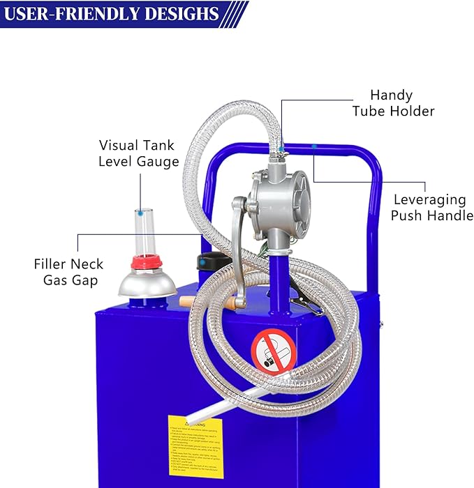 AutoForever 30 Gallon Portable Gas Caddy, Fuel Transfer Tank Gasoline Diesel Storage Can with Rotary Hand Pump and 4 Wheels for Automobiles ATV Car Mowers Tractors (Blue)