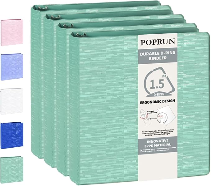 POPRUN 3 D Ring Binder 1.5 Inch, PVC-Free, Holds 375 Sheets of 8.5 x 11 Paper, Extra Durable Organizer with 2 Pockets for School & Office, Heavy-Duty, 4 Pack, Midnight Green