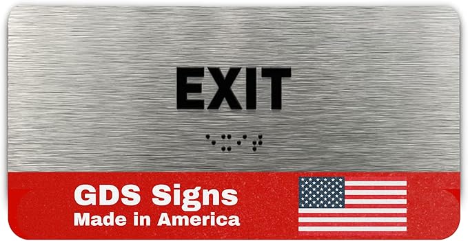 Exit Identification Sign - ADA Compliant Sign, Raised Icons, Raised Braille, Brushed Aluminum, TCO Inspection Certified (7"W x 3"H) - by GDS - Made in USA