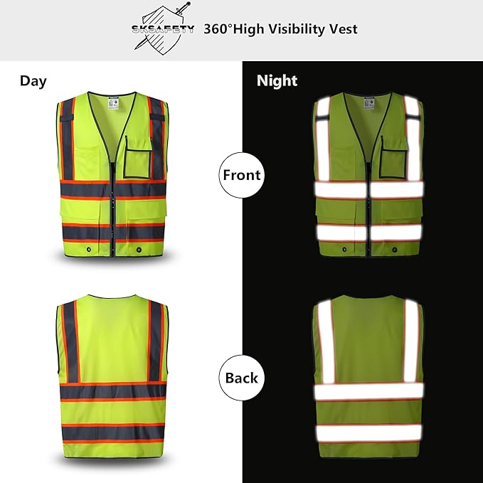 SKSAFETY 10 Pockets Safety Vest, Class 2 High Visibility Security with Zipper Back Mesh, Hi Vis Vest with Reflective Strips, ANSI/ISEA Standard, Construction Work Vest for Men ＆ Women （Lime, M）