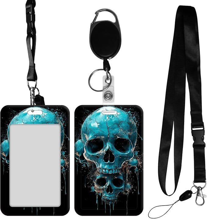 ID Badge Holder with Retractable Lanyard for Women & Men,Vertical ID Card Holder Wallet,Clear Window&Card Slot,Detachable Neck Strap for Nurse Teacher Office,Cracked Blue Skull