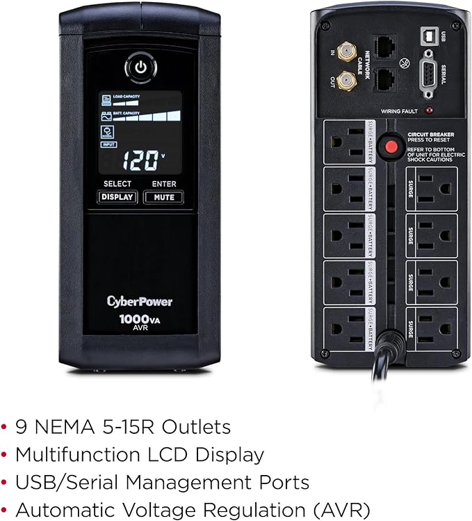 CyberPower CP1000AVRLCD Intelligent LCD UPS Battery Backup and Surge Protector, 1000VA/600W, 9 Outlets, AVR, Mini-Tower, UL Certified