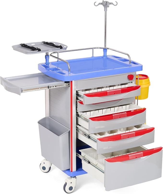 Careboda Medical Crash Cart with Drawers, Emergency Rolling Cart with Silent Casters, Adjustable IV Pole, Power Strips, ABS Trash Bin, O2 Holder, for Hospitals, Clinic, Nursing Centers, 350lbs