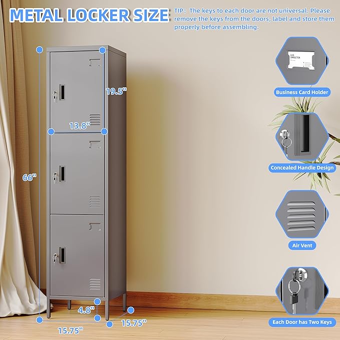 METAN Metal Storage Employees Lockers with 3 Lockable Doors and Hooks,66''H*16''W*16''D Locking Storage Cabinets for Small Spaces,Home,School,Gym,Assembly Required,Dark Gray