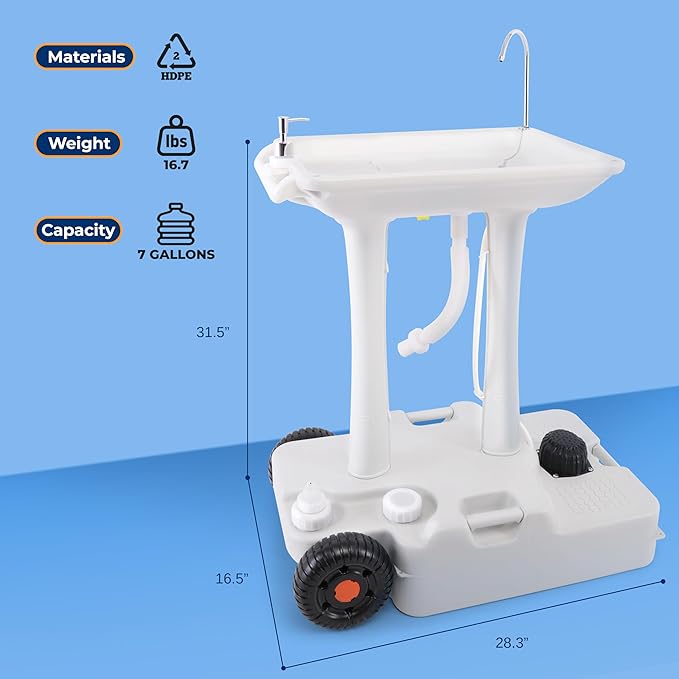 SereneLife Portable Camping Sink with 30L (7+ Gallon) Built-In Water Tank, Large Wheels, Hands-Free Foot Pump, Extra-Large Basin, and 5L Soap Dispenser – Ideal for Outdoors, Camping, and Worksites
