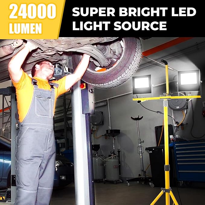 24000 Lumen Work Lights with Stand, Works Light Adjustable 2 Head Tripod Work Light IP67 Waterproof Tripod Work Light Stand