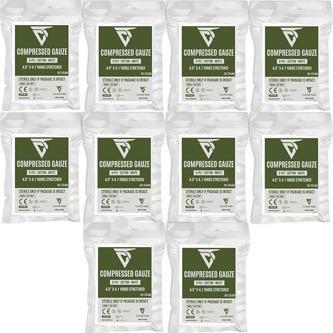 CareTac Sterile Compressed Gauze for Emergency Wound Dressing 4.5" x 12.3' – Z-Folded, Stretchable, Highly Absorbent, 100% Cotton for Wound Packing, Bleed Stop, IFAK, Tactical First Aid, Trauma Kit