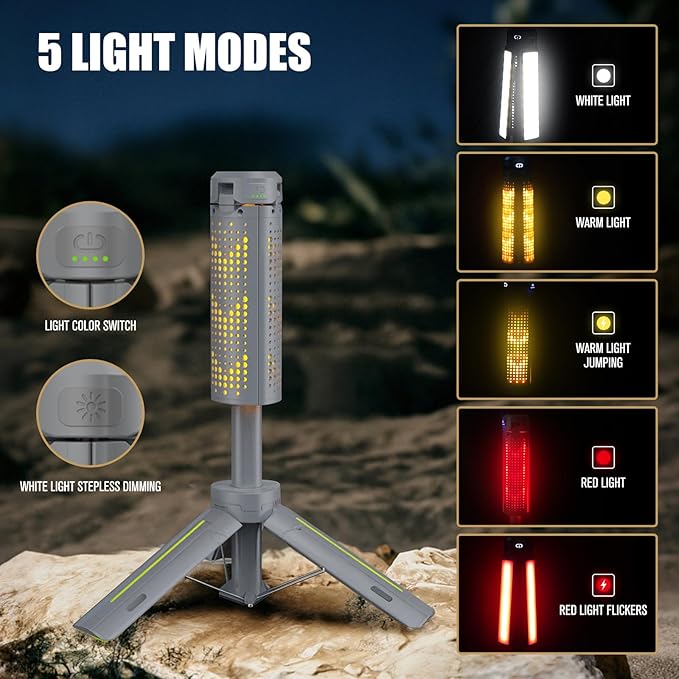 BUBRA Telescopic Camping Lantern with 40" Stand, 8000mAh Rechargeable Work Light, 1000LM Flashlight, IP44 Waterproof Tripod Base, Dimmable LED for Hurricane, Emergency, Repair