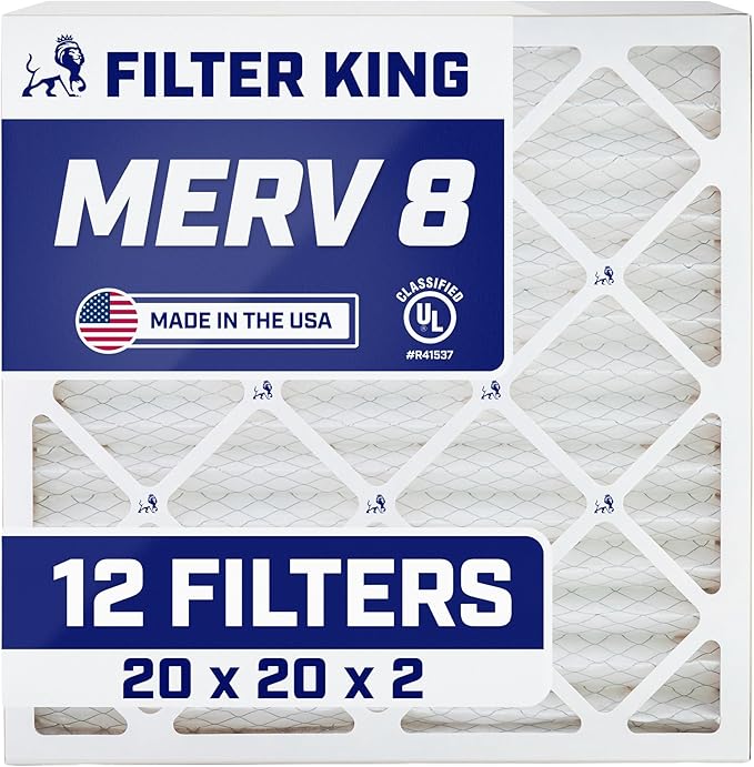 Filter King 20x20x2 Air Filter | 12-PACK | MERV 8 HVAC Pleated A/C Furnace Filters | MADE IN USA | Actual Size: 19.5 x 19.5 x 1.75"