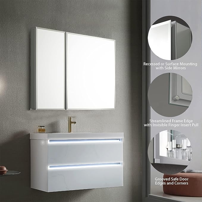 Blossom 25x26 Inch Aluminum Medicine Cabinet with Mirror – Recessed or Surface Wall Mounted Bathroom Storage with Adjustable Glass Shelves, Soft Close Hinges, Rust-Resistant and Modern Mirrored Design