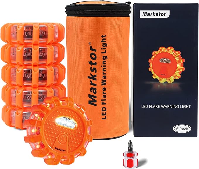 6-Pack LED Road Flare Car Emergency Kit,Magnetic Base & Hook Road Flares Safety Light With 9 Flashing Modes,Roadside Flares Emergency Lights For Vehicles (6 Pack)