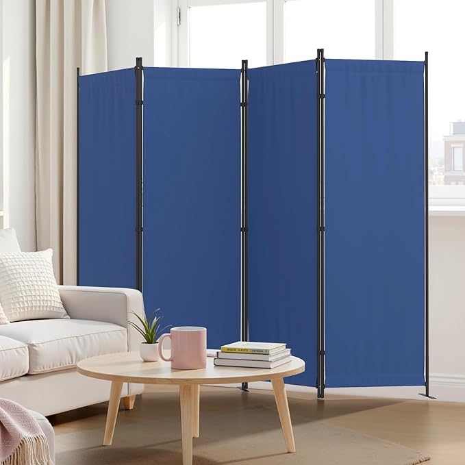 Room Partitions and Dividers 4 Panel Portable Wall w/ 3 Wider Feet Folding Room Divider 6FT Privacy Wall Indoor as Dressing Screen for Apartment School Office Children's Separate Rooms,Blue