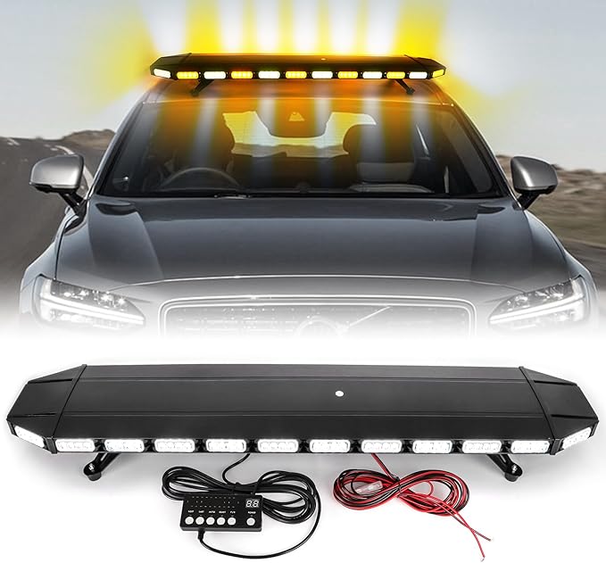 48" Extreme Bright Intensity Construction Detachable Emergency Warning Strobe Light Bar Waterproof Rooftop Low Profile Law Enforcement Hazard Flashing for Tow Truck Vehicle (Amber/White/Amber)