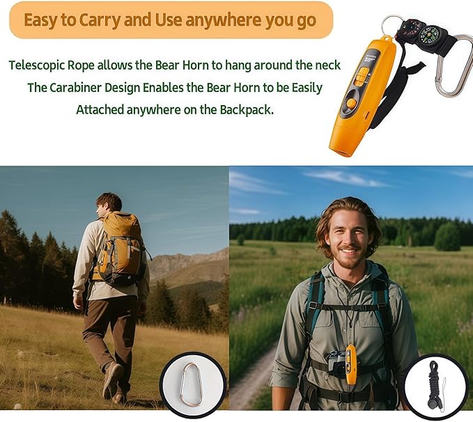 Rechargeable Bear Horn to Scare Bears, 125dB Electronic Air Horn with LED Flashlight & Compass & Thermometer, Electronic Whistle Bear Bells for Safety Hiking Camping Emergency Self Defense