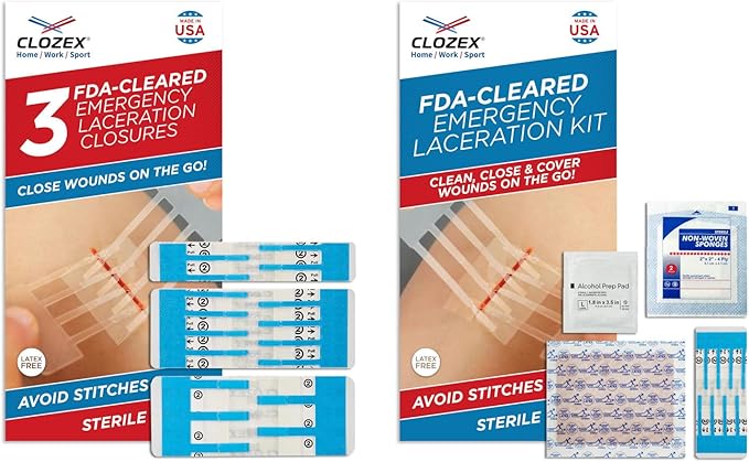 Clozex Emergency Laceration Closure & Kit FSA HSA Eligible Skin Closure Device Treat 4 Wounds Combined Up to 5 3/4" Includes Complete Kit to Clean, Close, &Cover Injuries Without Stitches