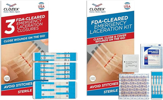 Clozex Emergency Laceration Closure & Kit FSA HSA Eligible Skin Closure Device Treat 4 Wounds Combined Up to 5 3/4" Includes Complete Kit to Clean, Close, &Cover Injuries Without Stitches