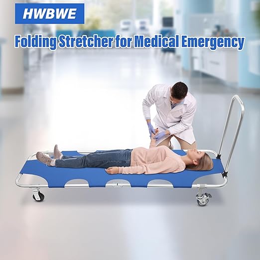 Folding Stretcher for Emergency w/Trolley 4 Wheels & Straps, Aluminum Alloy Portable Emergency Medical Stretcher for Hospital Clinic Home Sports Venues Ambulance