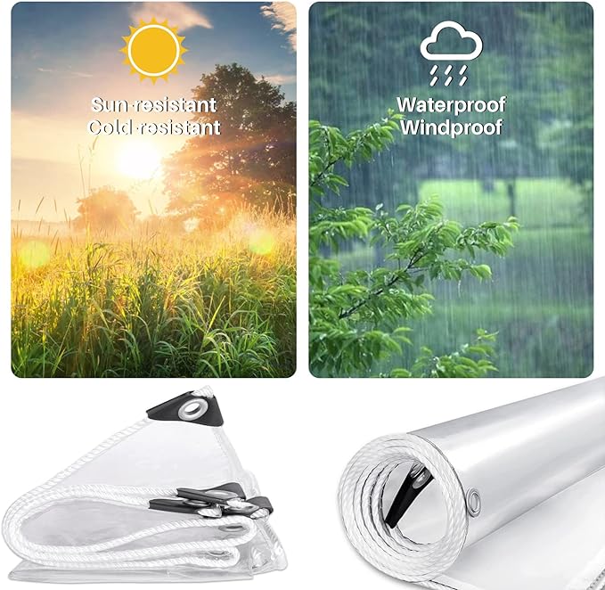 Clear Tarps Heavy Duty Waterproof, Transparent PVC Vinyl Tarpaulin with Grommets, Ropes, Reinforced Edge, Tear-Resistant, Anti-UV for Greenhouse, Patio, Garden, Porch, Pavilion, Outdoor