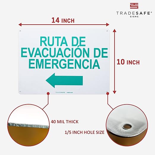 TRADESAFE Emergency Evacuation Route Arrow Left Sign – Ruta De Evacuación De Emergencia Spanish Sign, Quick Install, Light Reflective, UV-Resistant, Waterproof, 14” X 10” Aluminum Safety Signs