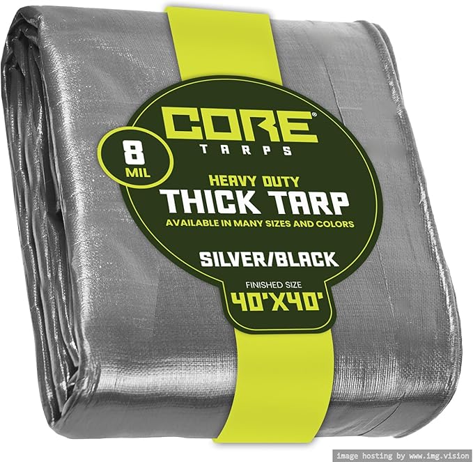Core Tarps Heavy Duty 8 Mil Tarp Cover, Waterproof, UV Resistant, Rip and Tear Proof, Poly Tarpaulin with Reinforced Edges for Roof, Camping, Patio, Pool, Boat. (Silver/Black 40′ X 40′)