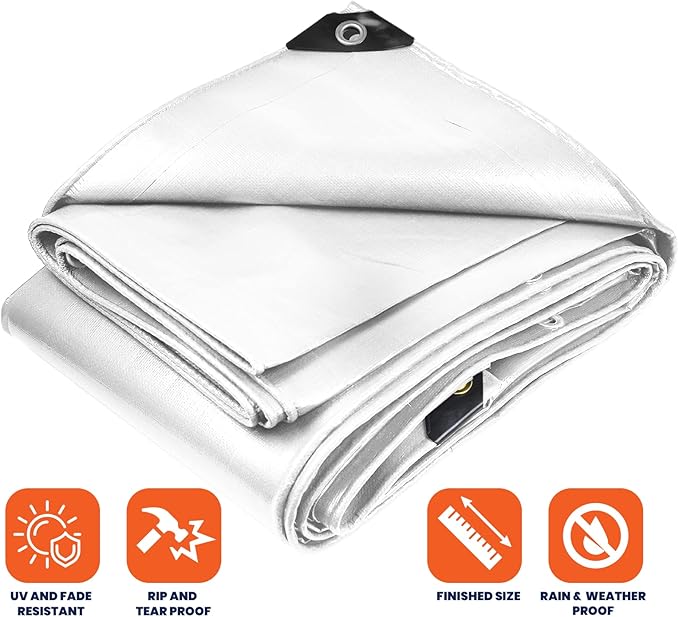 Tarpco Safety Heavy Duty 10 Mil Tarp Cover, Waterproof, UV Resistant, Rip and Tear Proof, Poly Tarpaulin with Reinforced Edges for Camping, Roof, Patio, Pool, Boat. (White 24′ X 24′)