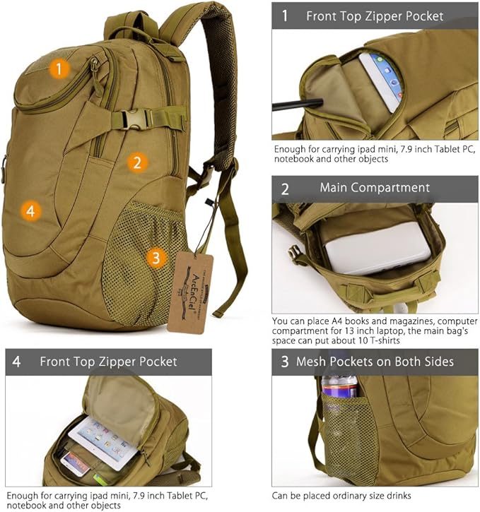 ArcEnCiel Motorcycle Backpack Tactical Military Bag for Outdoor Hiking Camping Trekking - Rain Cover+Patch Included