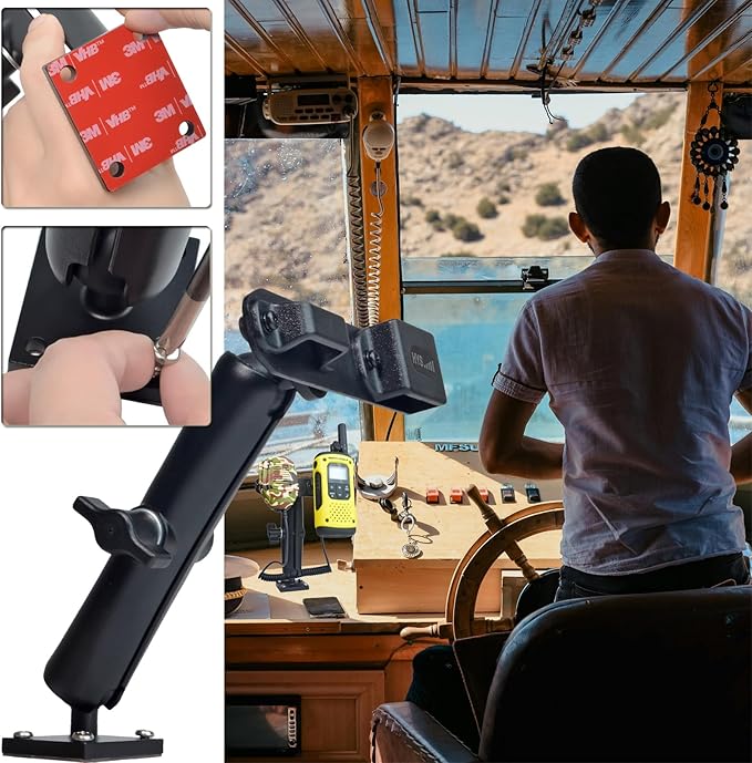 HYS Adhesive Truck & Car Walkie Talkie/Shoulder Speaker Mic Belt Clip Holder, Secure Grip, Heavy Duty Drill Base Tablet Mount, Sturdy 2-Way Radio Mount for Commercial Vehicles, Trucks, Table and Wall