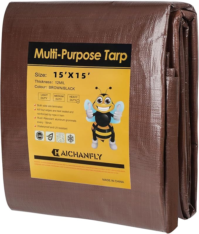 Heavy Duty Double-Sided Waterproof Poly Tarp 15x15 Feet 12mil Thick Polyethylene Tarps, Perfect for Outdoor Use, Plastic Cover & Mat for Tent Camping Storage Boat Bikes Vehicles