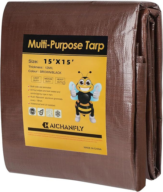 Heavy Duty Double-Sided Waterproof Poly Tarp 15x15 Feet 12mil Thick Polyethylene Tarps, Perfect for Outdoor Use, Plastic Cover & Mat for Tent Camping Storage Boat Bikes Vehicles