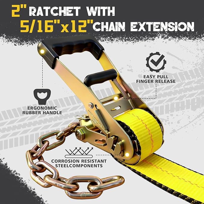4PCs Towing Recovery Winch Strap w/RTJ Cluster Hook 2" x12', with 4PCs Ratchet Chain Tail, 10000LBS Recovery Towing Truck Straps, Towing Truck Car Trailer Winch Wrecker Tie Down Straps