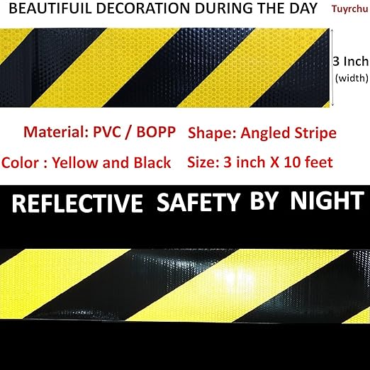 Yellow Black Reflective Tape Outdoor Waterproof 3 inch X 10 feet, High Visibility Hazard Conspicuity Safety Industrial Marking Tape