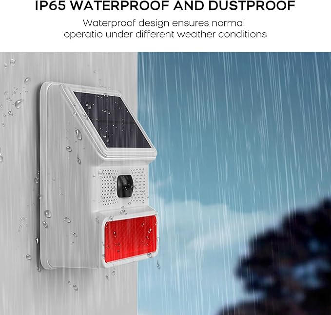 PGST Solar Alarm Motion Sensor,Outdoor Alarm Siren with Flashing Light,IP65 Waterproof,Remote Control,21 Sound Switching Options,120dB Loud Noise Maker for Farm,Yard,Garden,Fish Pond