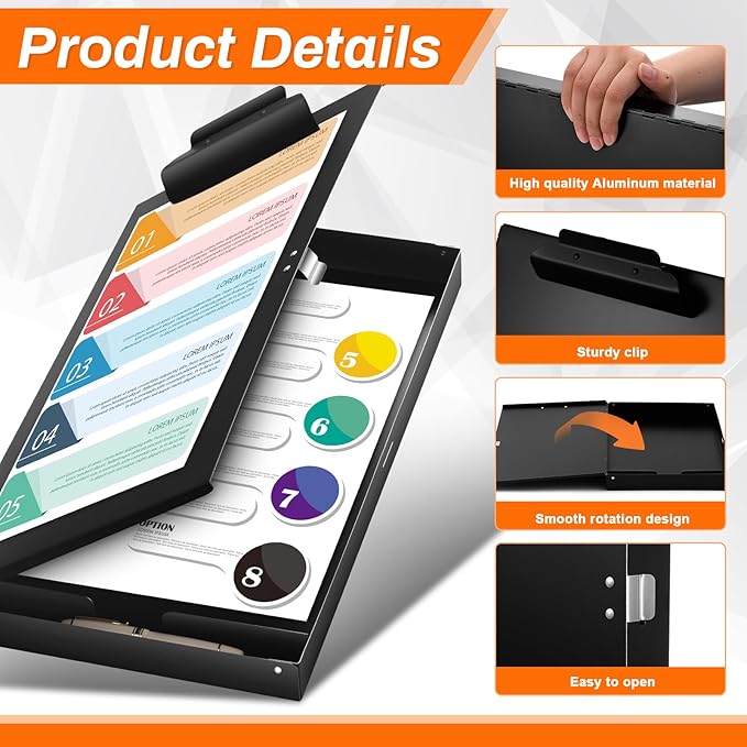 2 Pcs 11 x 17 Inch Aluminum Clipboard with Storage Metal Clipboard High Capacity Clip for Student Teacher Nurse, Black