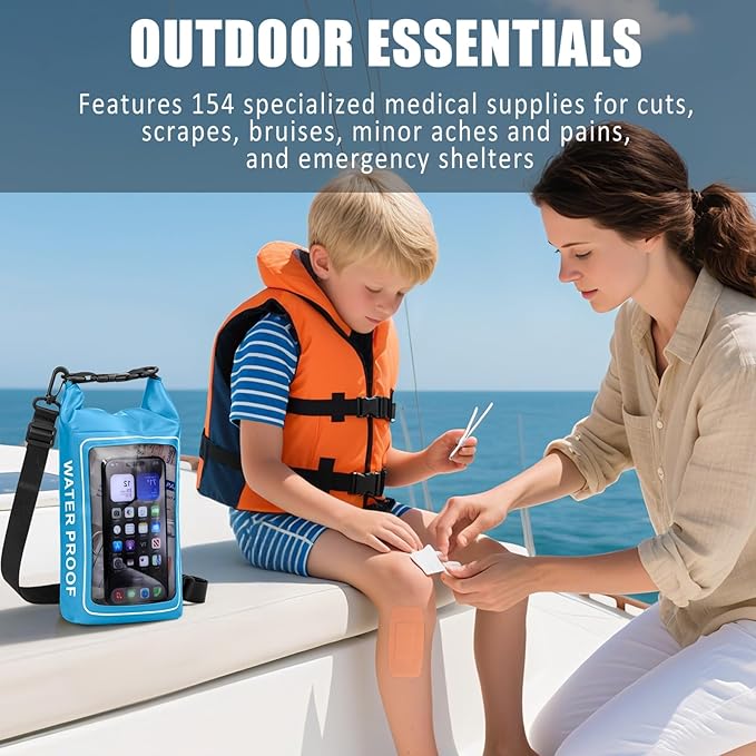 154 Pieces Waterproof Boat First Aid Kit Dry Bag with Cell Phone Bug Out Bags Pouch Roll Top Boat Emergency Kit 2-in-1 for Camping Fishing Kayaking Swimming Rafting