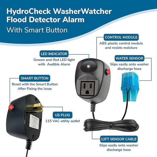 WasherWatcher Laundry Tub Overflow Protector - Water Leak Shut Off Detectors w/ LED Indicator, Alarm, Water Sensor, & More - Easy to Install Washing Machine Leak Detector for Any Drain System
