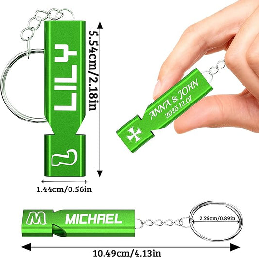 10Pcs Custom Emergency Whistles, Personalized Aluminum Safety Survival Whistle with Keychain, Engraved Name or Logo, Double Tube High Pitch for Outdoor Camping, Hiking, Boating, Fishing