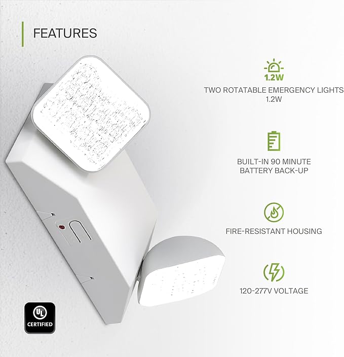 ASD LED Emergency Lights with Battery Backup - 120-277V UL 2.5W Two Square Head Adjustable for Business, Commercial Hardwired Damp Location Emergency Exit Power Outage Lights, 6 Pack