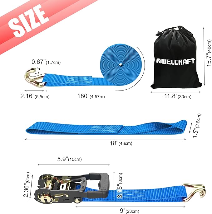 Ratchet Straps (4PK) - 4500lbs Breaking Strength 1.5''×15' Heavy Duty Tie Down Straps with Padded Handles, Double J Hooks & Soft Loops for Moving Motorcycle, Trailer & Trucks (Blue)