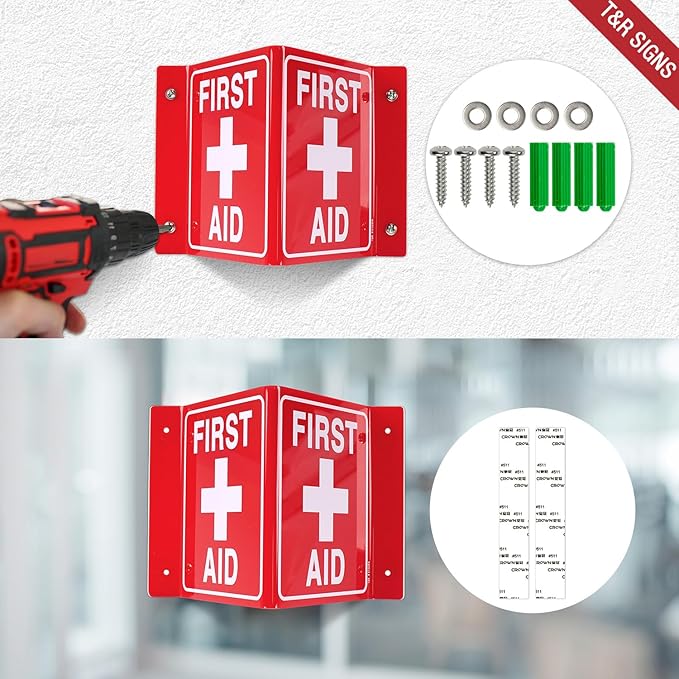 T&R First Aid Sign, First Aid with Cross Symbol - 4 Pack - 8 x 6 Inches Acrylic, 4 pre-drilled holes, Includes Matching Screws, Use for Office/Business