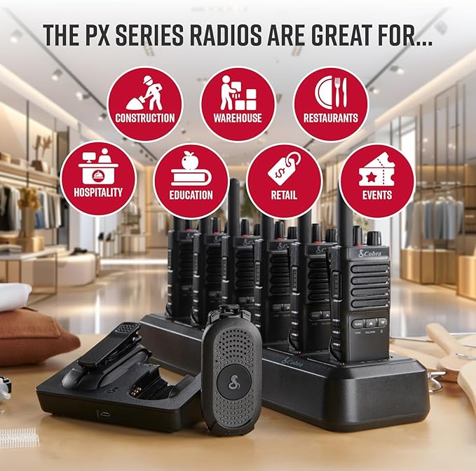 Cobra Business Radio Bundle – 8 Professional Walkie Talkies (2 PX280, 6 PX650) - Compact Long-Range Two-Way Radios, Dock Chargers, IP54 Durable, Rechargeable