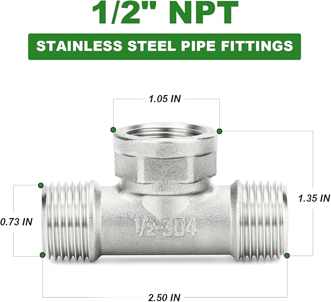 TAISHER 2PCS 304 Stainless Steel Tee Pipe Fittings, 1/2" NPT Male x 1/2" NPT Female x 1/2" NPT Male Pipe Fittings, Female Branch Tee