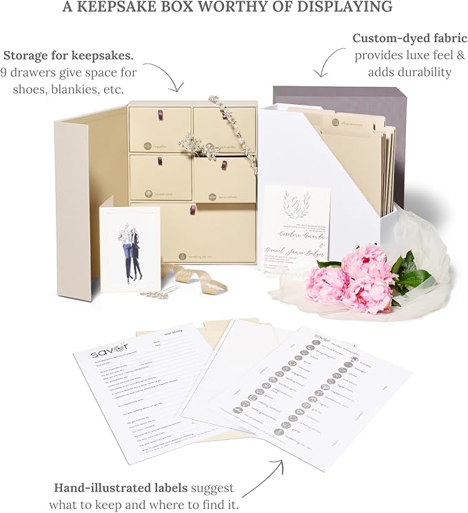 Savor | Deluxe Wedding Keepsake Box with 52 Labels, 6 Drawers, and 8 Vertical Files | Acid-Free Memory Organizer for Wedding Day, Bridal Shower & Anniversary (Slate, Caroline Font)