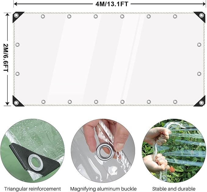 Clear Tarps Heavy Duty Waterproof, 15Mil Transparent PVC Vinyl Tarpaulin with Grommets, Ropes, Reinforced Edge, Tear-Resistant, Anti-UV for Greenhouse, Patio, Garden, Porch, Pavilion, Outdoor