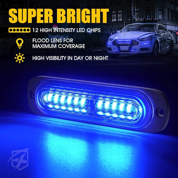 Xprite Blue LED Surface Mount Strobe Police Lights Kit, Emergency Safety Warning Flashing Grille Cop Marker Light for Volunteer Vehicles Trucks ATV UTV Cars Vans Motorcycle - 8PCS