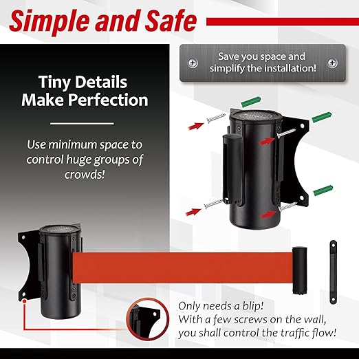 DuraSteel Wall Mount Retractable Belt Barrier - 9.2 Ft Red Safety Belt in Sturdy Black Casing - Guardian 1.0 Indoor & Outdoor Do Not Enter Caution Tape for Effective Wall Control Ropes, Line Dividers